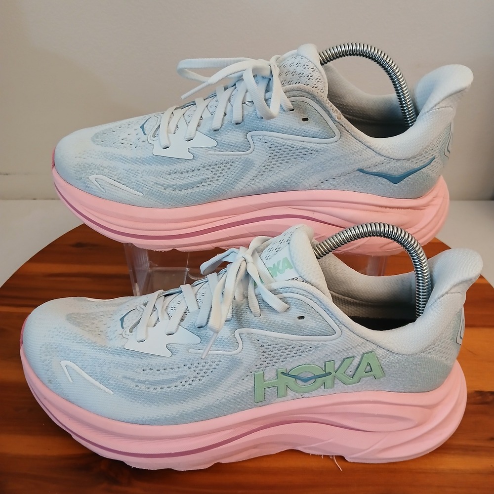 Hoka One One Clifton 10 Women 10.5 Blue Pink Running Shoes Sneakers 1162031 OTP